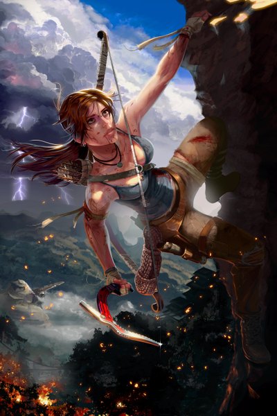 Anime picture 3600x5400 with tomb raider lara croft ivan flores single long hair tall image highres brown hair brown eyes absurdres sky cloud (clouds) ponytail looking up rock lightning archery girl weapon plant (plants)