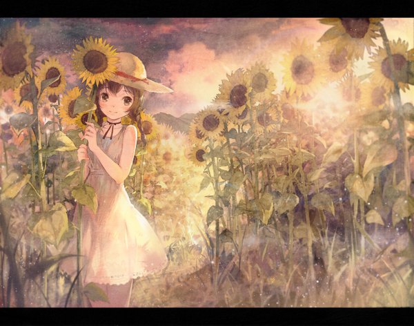 Anime picture 1271x1000 with original shouin single long hair looking at viewer blush brown hair holding brown eyes braid (braids) twin braids letterboxed girl dress flower (flowers) hat white dress sundress sunflower