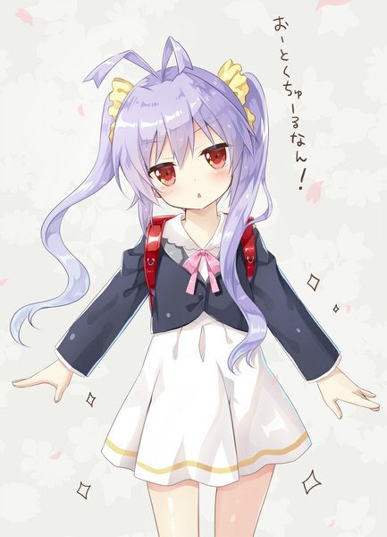 Anime picture 795x1100 with non non biyori silver link miyauchi renge yano mitsuki single long hair tall image looking at viewer blush fringe simple background red eyes standing twintails purple hair ahoge head tilt bare legs text spread arms