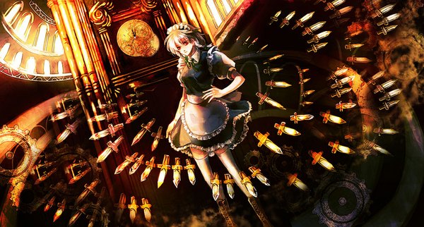 Anime picture 1024x551 with touhou izayoi sakuya noki (affabile) single short hair red eyes wide image white hair maid girl thighhighs weapon white thighhighs boots apron clock knife