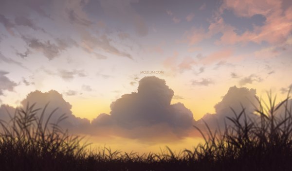 Anime picture 1702x1000 with original mclelun highres wide image signed sky cloud (clouds) evening horizon no people landscape scenic plant (plants)