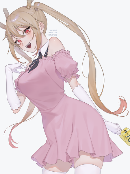 Anime picture 2250x3000 with kobayashi-san chi no maidragon kyoto animation tooru (maidragon) mizuki mau single long hair tall image fringe highres open mouth simple background blonde hair hair between eyes red eyes white background twintails bare shoulders :d horn (horns) girl