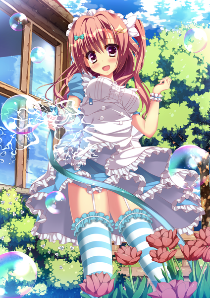 Anime picture 1060x1500 with original yakizakana oisi single long hair tall image blush open mouth brown hair yellow eyes girl thighhighs dress flower (flowers) plant (plants) tree (trees) striped thighhighs bubble (bubbles) hose