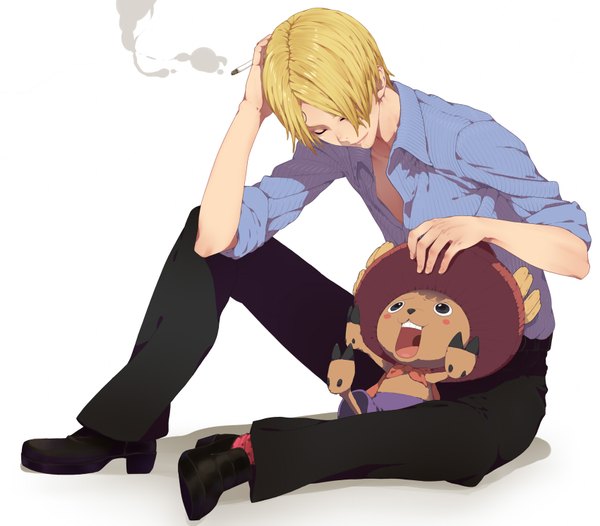 Anime picture 1700x1493 with one piece toei animation sanji tony tony chopper nayu blonde hair white background eyes closed horn (horns) open clothes tattoo open shirt smoke smoking twisty sleeves boy hat shirt hoof