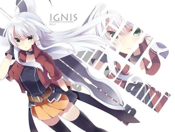 Anime picture 1000x754 with original anceril sacred mishima kurone single long hair looking at viewer white background green eyes silver hair ahoge inscription open clothes open jacket zoom layer girl thighhighs gloves weapon black thighhighs sword