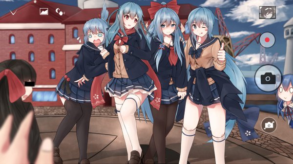 Anime picture 5312x2988 with warship girls r quincy (warship girls r) shirayuki (warship girls r) fubuki (warship girls r) hatsuyuki (warship girls r) hiyou (warship girls r) inazuma (warship girls r) miyuki (warship girls r) n2 (yf33) long hair looking at viewer blush fringe highres short hair open mouth blue eyes hair between eyes red eyes brown hair