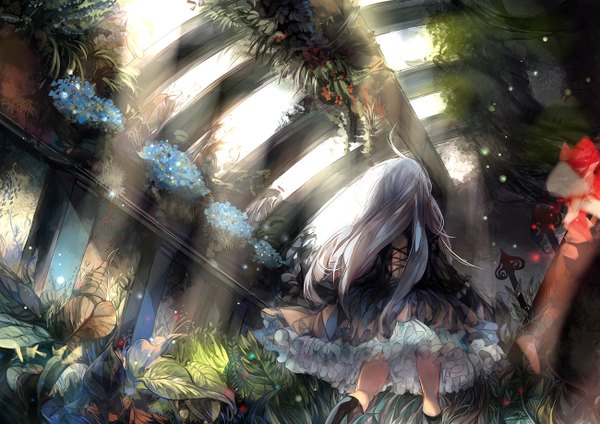 Anime picture 1300x920 with original vima single long hair white hair from behind sunlight girl dress flower (flowers) plant (plants)