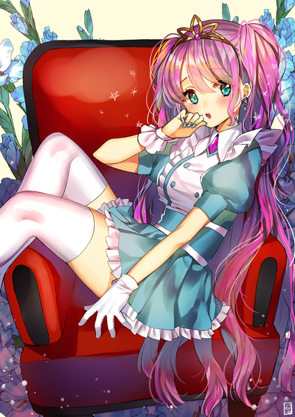 Anime picture 744x1052 with original gambe single long hair tall image looking at viewer blush fringe open mouth simple background hair between eyes sitting twintails pink hair bent knee (knees) nail polish aqua eyes fingernails :o zettai ryouiki