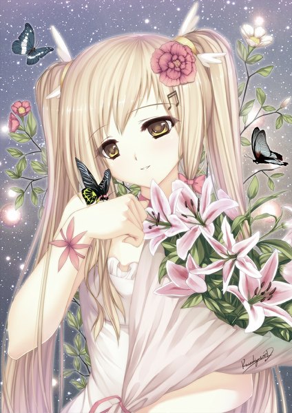 Anime picture 780x1103 with original caidychen single long hair tall image blonde hair smile twintails yellow eyes hair flower girl dress hair ornament flower (flowers) insect butterfly sundress bouquet