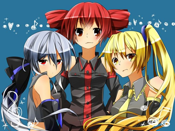 Anime picture 1024x768 with vocaloid utau yowane haku kasane teto akita neru sakuragi ren blonde hair simple background red eyes multiple girls yellow eyes silver hair ponytail red hair side ponytail girl 3 girls