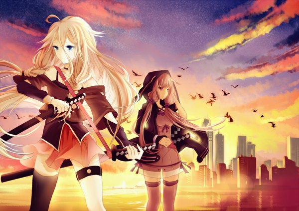 Anime picture 1134x800 with vocaloid ia (vocaloid) yuzuki yukari cangchen long hair fringe breasts blue eyes standing twintails multiple girls holding looking away sky cloud (clouds) braid (braids) very long hair open clothes open jacket zettai ryouiki