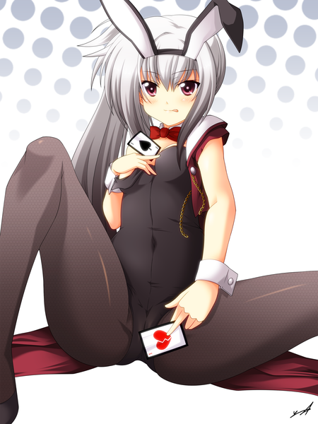 Anime picture 1500x2000 with dracu-riot! yuzusoft elena olegovna owen haru-yua (artist) long hair tall image blush light erotic red eyes silver hair bunny ears bunny girl :p girl bowtie bunnysuit card (cards)