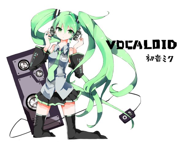 Anime picture 1660x1340 with vocaloid hatsune miku kotatu (akaki01aoki00) single looking at viewer fringe simple background white background twintails green eyes very long hair green hair zettai ryouiki kneeling hand on headphones girl thighhighs black thighhighs detached sleeves headphones