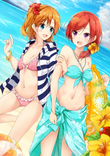 Anime picture 723x1023 with love live! school idol project sunrise (studio) love live! nishikino maki kousaka honoka kurottari tall image blush fringe short hair breasts open mouth blue eyes light erotic smile hair between eyes standing purple eyes bare shoulders multiple girls