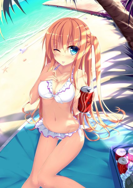 Anime picture 1000x1409 with original angel koman single long hair tall image looking at viewer blush breasts blue eyes light erotic blonde hair one eye closed wink beach girl navel swimsuit plant (plants) bikini tree (trees)