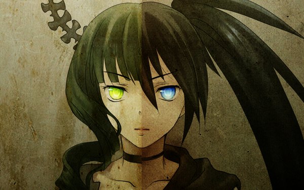 Anime picture 1680x1050 with black rock shooter black rock shooter (character) dead master single long hair looking at viewer short hair blue eyes black hair wide image twintails green eyes horn (horns) green hair heterochromia portrait girl hood