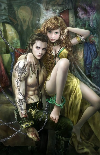 Anime picture 1000x1552 with original eat0123 long hair tall image looking at viewer fringe blue eyes light erotic black hair brown hair green eyes cleavage bent knee (knees) barefoot fingernails lips realistic bare legs tattoo couple