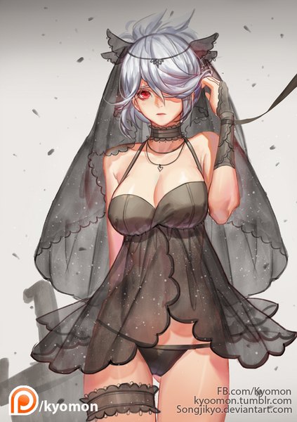 Anime picture 742x1053 with league of legends riven (league of legends) songjikyo single tall image looking at viewer fringe short hair breasts light erotic red eyes large breasts standing bare shoulders signed silver hair hair over one eye no bra alternate costume thighs