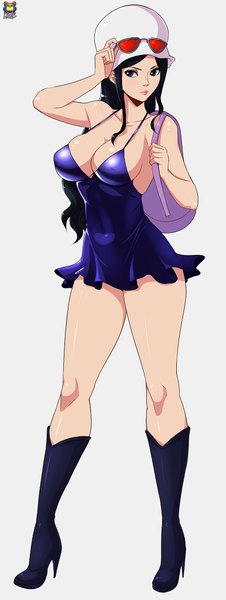 Anime picture 800x2118 with one piece toei animation nico robin kyoffie12 long hair tall image breasts blue eyes light erotic black hair simple background large breasts standing looking away full body grey background headdress sunglasses