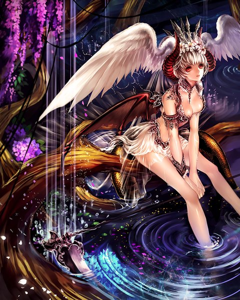 Anime picture 900x1125 with original mypower_53mnds single tall image looking at viewer fringe short hair breasts light erotic blonde hair red eyes sitting hair flower horn (horns) bare legs bat wings head wings transparent girl hair ornament
