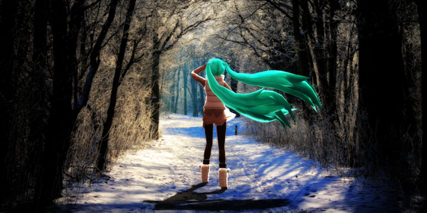 Anime picture 1024x512 with vocaloid hatsune miku leyumirrorsound single long hair wide image twintails wind sunlight realistic aqua hair shadow alternate costume back winter snow footprints photo background mikumikudance girl