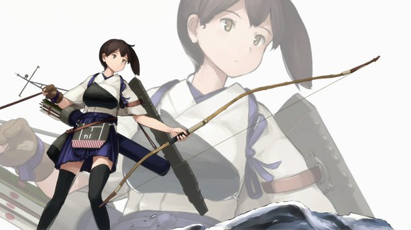 Anime picture 1920x1080 with kantai collection kaga aircraft carrier shibafu (glock23) single highres short hair brown hair wide image white background brown eyes looking away traditional clothes japanese clothes wallpaper zettai ryouiki side ponytail zoom layer end card girl thighhighs