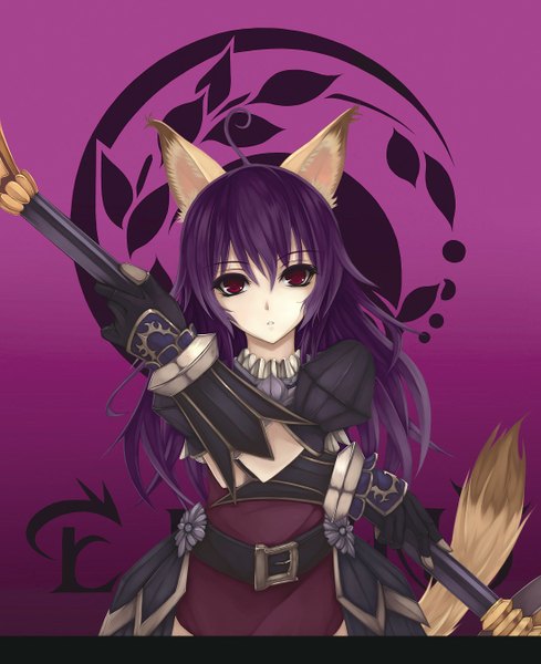 Anime picture 1100x1350 with tera online yu doku single long hair tall image looking at viewer red eyes animal ears purple hair animal tail girl gloves staff