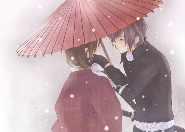 Anime picture 1200x862 with hakuouki shinsengumi kitan studio deen saito hajime chizuru yukimura mamefuku (artist) short hair blue eyes smile red eyes brown hair japanese clothes snowing winter girl boy gloves sword kimono katana umbrella