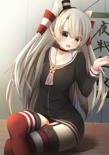 Anime picture 1764x2508 with kantai collection amatsukaze destroyer nanahane fl single long hair tall image blush highres open mouth light erotic sitting brown eyes white hair two side up crossed legs hieroglyph girl thighhighs hat mini hat
