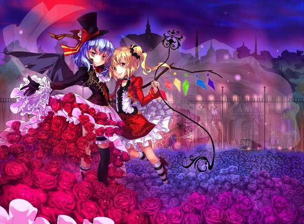 Anime picture 1683x1240 with touhou flandre scarlet remilia scarlet wanmixia (artist) short hair blonde hair red eyes multiple girls blue hair bat wings red moon girl thighhighs dress flower (flowers) weapon black thighhighs 2 girls hat wings