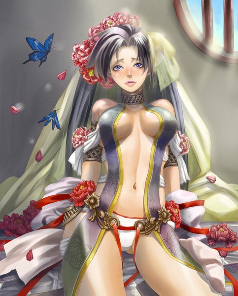 Anime picture 1650x2050 with romance of the three kingdoms jian liuren single long hair tall image blush breasts light erotic sitting purple eyes twintails bare shoulders hair flower grey hair girl navel hair ornament underwear panties flower (flowers)