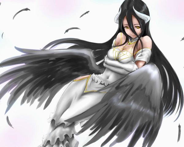 Anime picture 1280x1024 with overlord (maruyama) madhouse albedo (overlord) tanshi (tansy520) single long hair fringe black hair simple background smile hair between eyes white background bare shoulders yellow eyes looking away head tilt horn (horns) side slit black wings breast hold