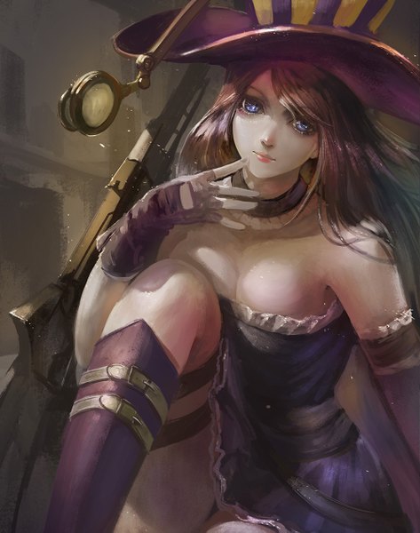 Anime picture 1000x1269 with league of legends caitlyn (league of legends) turewindwalker single long hair tall image blue eyes light erotic brown hair sitting bent knee (knees) realistic girl dress gloves weapon boots fingerless gloves gun thigh boots
