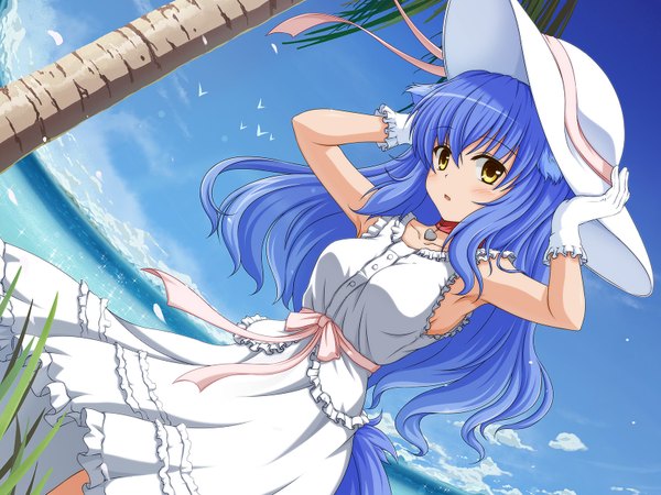 Anime picture 1600x1200 with original shira-nyoro single long hair looking at viewer blush open mouth yellow eyes blue hair sky cloud (clouds) beach girl dress gloves plant (plants) hat tree (trees)