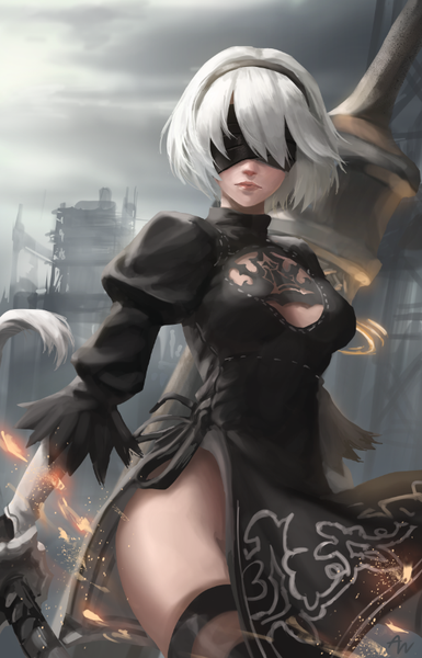 Anime picture 556x866 with nier nier:automata yorha no. 2 type b athenawyrm single tall image fringe short hair breasts light erotic standing holding signed cloud (clouds) outdoors white hair lips blurry puffy sleeves lipstick