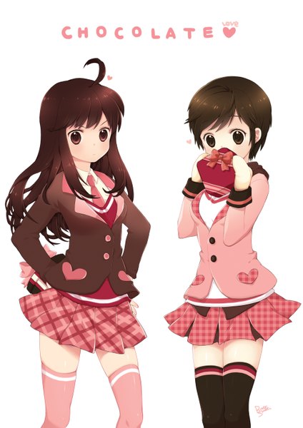 Anime picture 1000x1414 with original bittersweet (dalcoms) long hair tall image blush short hair black hair simple background brown hair white background multiple girls brown eyes ahoge red hair plaid skirt girl thighhighs skirt black thighhighs 2 girls