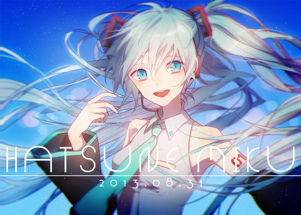 Anime picture 1106x791 with vocaloid hatsune miku io (sinking=carousel) single long hair looking at viewer open mouth twintails aqua eyes aqua hair girl detached sleeves necktie headphones