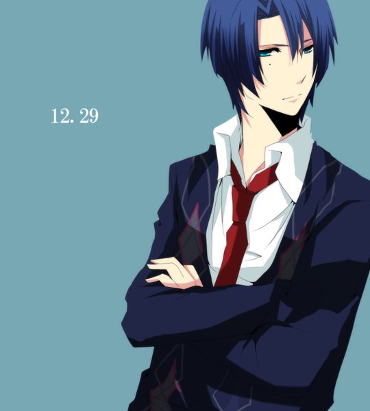 Anime picture 1200x1332 with uta no prince-sama a-1 pictures hijirikawa masato tagme (artist) single tall image short hair blue eyes simple background blue hair upper body mole mole under eye crossed arms aqua background boy necktie