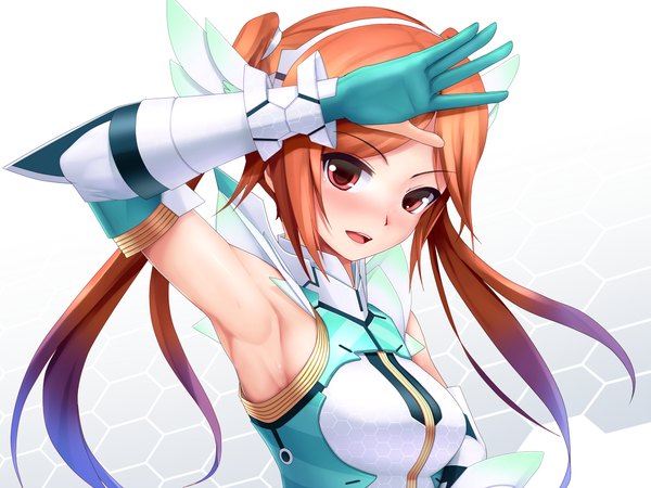 Anime picture 1333x1000 with phantasy star phantasy star online 2 sega quna (pso2) eto single long hair blush open mouth red eyes brown hair twintails girl gloves elbow gloves hairband