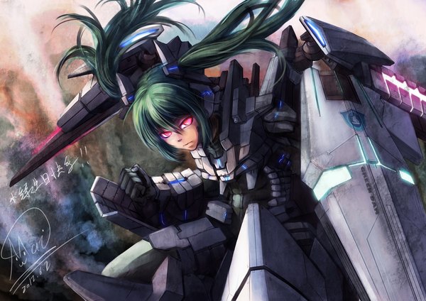 Anime picture 2134x1509 with original shou mai single long hair looking at viewer highres red eyes signed green hair angry mechanical parts girl weapon armor mecha