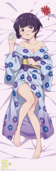 Anime picture 3910x11780 with eromanga sensei a-1 pictures senju muramasa single tall image blush highres short hair open mouth light erotic purple eyes bare shoulders absurdres cleavage full body lying traditional clothes japanese clothes barefoot on back