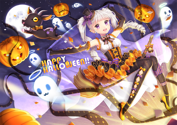 Anime picture 1200x848 with original saban single long hair open mouth purple eyes twintails white hair drill hair halloween ghost happy halloween girl dress gloves bow hat black gloves elbow gloves moon