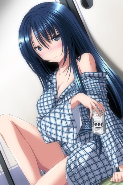 Anime picture 856x1288 with original nori tamago single long hair tall image blush blue eyes sitting bare shoulders blue hair traditional clothes japanese clothes girl kimono alcohol beer