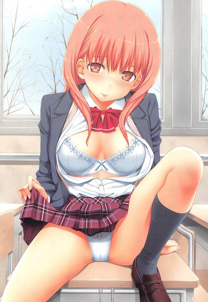 Anime picture 1108x1600 with takayaki single long hair tall image looking at viewer blush breasts light erotic smile large breasts sitting pink hair cleavage pink eyes open clothes open shirt skirt lift :p classroom scan artifacts