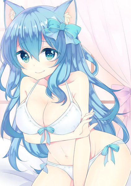 Anime picture 1058x1500 with original momoirone single long hair tall image looking at viewer blush fringe breasts blue eyes light erotic smile hair between eyes large breasts animal ears blue hair cleavage cat ears wavy hair between legs