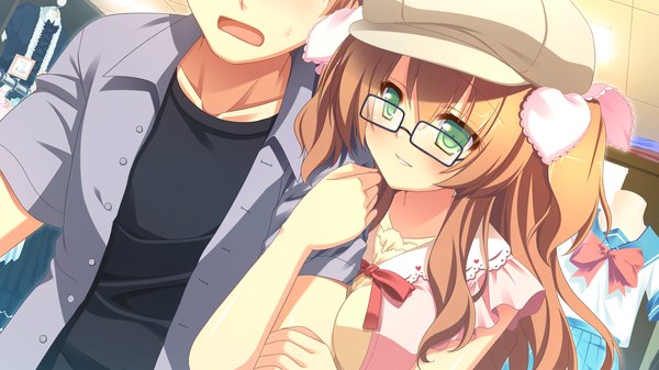 Anime picture 1280x720 with naka no hito nado inai kirihara saori nimura yuuji long hair blush brown hair wide image green eyes game cg girl dress bow hair bow hat glasses