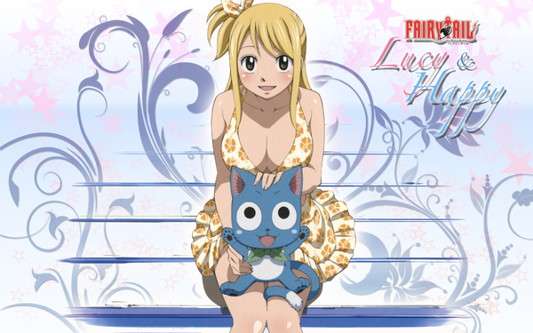 Anime picture 2560x1600 with fairy tail lucy heartfilia happy (fairy tail) long hair highres breasts light erotic blonde hair smile wide image brown eyes cleavage one side up happy girl dress bow hair bow animal cat