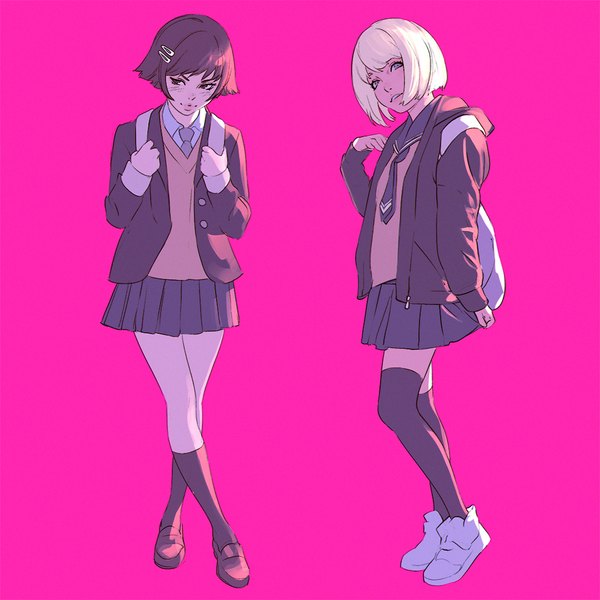 Anime picture 1080x1080 with original ilya kuvshinov looking at viewer fringe short hair open mouth simple background smile brown hair standing multiple girls holding brown eyes looking away full body white hair head tilt pleated skirt open jacket grey eyes