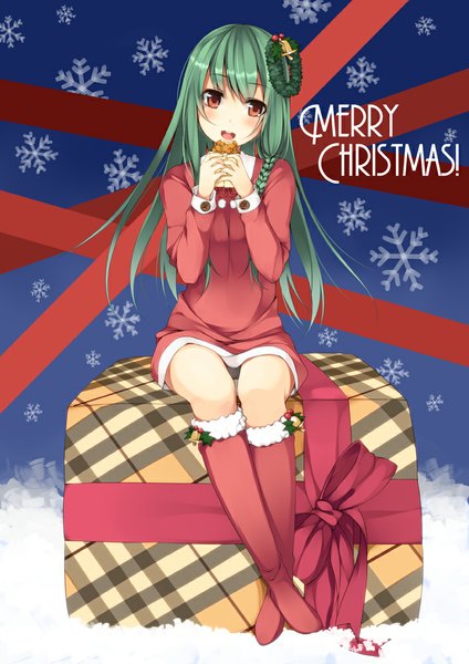 Anime picture 707x1000 with original unasaka ryou single long hair tall image looking at viewer blush open mouth red eyes sitting green hair christmas merry christmas girl boots gift