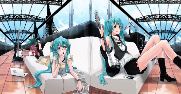 Anime picture 1600x832 with vocaloid hatsune miku mille (dieci) long hair open mouth smile wide image sitting twintails bare shoulders multiple girls green eyes lying green hair legs dual persona girl skirt 2 girls miniskirt